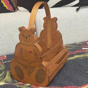 Wooden Teddy Bear Slat Basket Caddy with Handle, Vintage Circa 1980s